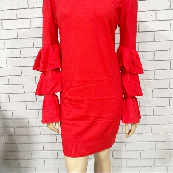 PrettyLittle Thing Red Ruffle Sleeve Knitted Dress - Picture 12 of 13